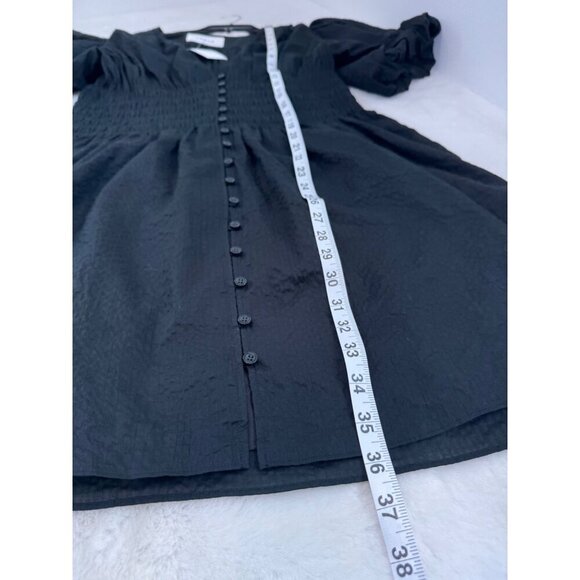 New Frame Women's Size XL Black Smocked Button-Down Dress Short Puff Sleeves - Picture 4 of 14